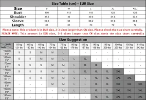Detailed European size chart for slim fit cotton denim jacket with measurements in cm