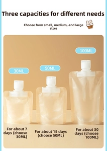 Three sizes of frosted travel pouches for lotion and shampoo in 30ml 50ml and 100ml