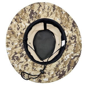 Detail view of desert camo boonie hat featuring breathable mesh lining and chin strap