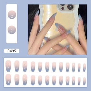 Détails de 24 faux ongles ballerine longs avec dégradé bleu et rose pour femmes