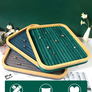 Bamboo jewelry tray with velvet inserts for ring display in green, blue and grey colors