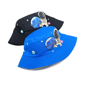 Kids cartoon space bear bucket hat in black and blue with astronaut prints for summer