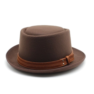 Classic dark coffee pork pie wool hat with decorative leather band and metal rivets