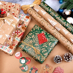 Christmas kraft wrapping paper set featuring reindeer and tree patterns for holiday DIY gifts