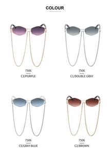 Irregular sunglasses 7506 shown in four color variants with stylish metal chains