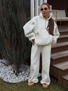 Women Half Zip Sweatshirt And Wide Leg Pants Solid Color Cotton Long Sleeve Oversized Casual Streetwear Lounge Outfits