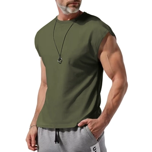 Detail of olive green sleeveless muscle tee showing athletic fit and crew neck collar