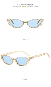 Detailed front and side view of champagne cat-eye sunglasses with light blue lenses