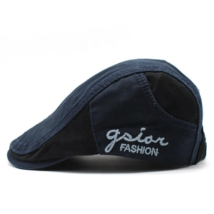 Retro patchwork cotton beret for men in navy and black with side letter embroidery