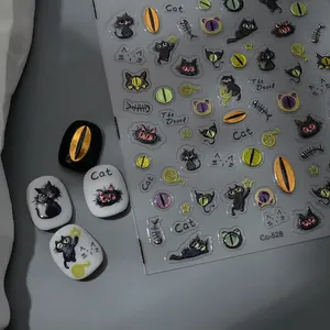 Nail Art Stickers 5D Embossed Black Cat Eyes Fish Bone Design Waterproof DIY Manicure Gothic Cute Decals For Women