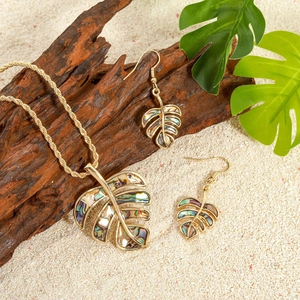 Tropical monstera leaf jewelry set with natural abalone shell necklace and earrings
