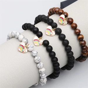 Natural Stone Beaded Bracelet With Rainbow Enamel Heart Charm Volcanic Tiger Eye Unisex Elastic Jewelry