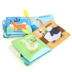 Educational soft baby cloth books set featuring colorful cartoon animals and hanging straps