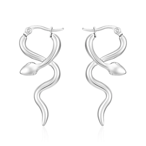 Polished stainless steel snake-shaped earrings with unique coiled design on white background