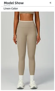 Linenfarbene High-Waist-Yogahose mit weißem Kontrast am inneren Hosenbund