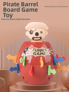 Detailed close-up of pirate barrel toy with colorful plastic swords and pirate figurine