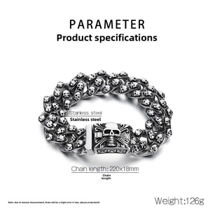 Detail of vintage punk skull bracelet in stainless steel with exact 220mm length and 18mm width