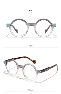 Front and 45-degree side view of round transparent grey and leopard print eyeglasses