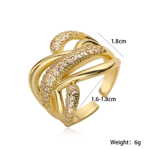 Irregular multi-layer crossover open ring in 18K gold plated copper with cubic zirconia