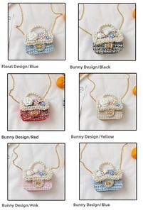 Detail of tweed children's mini handbags with pearl handles and decorative flowers