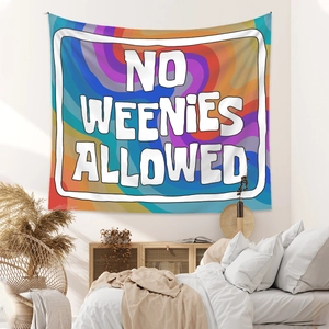 Detail of psychedelic wave tapestry with NO WEENIES ALLOWED text on white wall