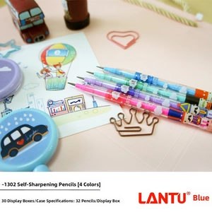 Close-up of four colored non-sharpening pencils with cute cartoon prints and clips