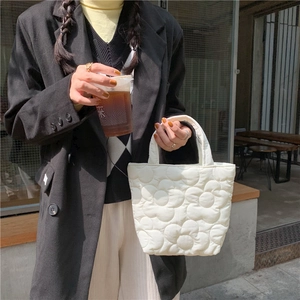White quilted tote bag with floral 3D embroidery for snacks and baby stroller storage