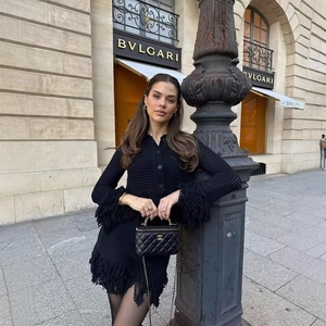 Women Knitted Cardigan And Skirt Black Long Sleeve Hollow Out Fringe Trim Elegant Fashion Knitwear Casual Outfits