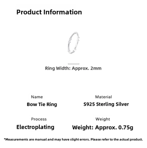 Detailed specifications of S925 sterling silver bow ring with size and plating details