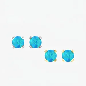 S925 Sterling Silver Round Blue Opal Stud Earrings For Women Minimalist Four Prong Inlaid Small Elegant Fine Jewelry Gift