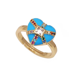 Adjustable gold heart ring with blue enamel and colorful zircon stones on grey background