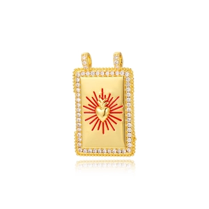 Close-up of golden rectangular sacred heart pendant with red enamel and CZ stones