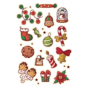 Flat lay of diverse Christmas sticker set featuring cute festive icons on white background