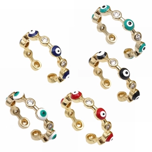 Evil Eye Adjustable Open Ring Copper Gold Plated With Zircon And Enamel Colorful Boho Turkish Ethnic Jewelry For Women