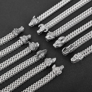 Vintage silver double-layered woven titanium steel bracelet with zodiac animal heads