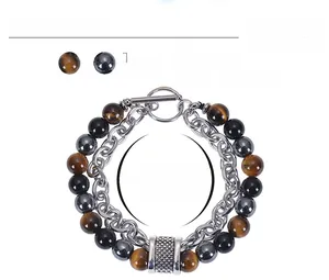 Detail view of 8mm tiger eye and hematite beads with stainless steel OT buckle