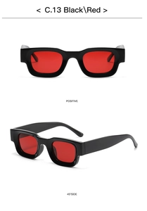 Detailed front and side views of black square punk sunglasses with red lenses