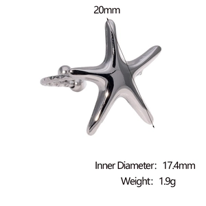 Detailed view of silver starfish ring with 20mm outer diameter and 1.9g weight specs