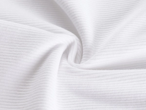 Macro view of white ribbed knit fabric texture showing fine vertical elastic stripes