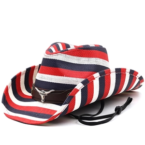 Cappello Da Cowboy Occidentale In Paglia Intrecciata Strisce Bandiera USA Tesa Larga Cappello Da Sole Con Cinturino In Pelle