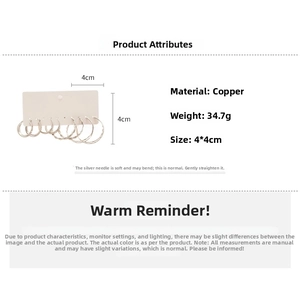 Detailed specs of six pairs of silver-tone hoop earrings with copper material and size info