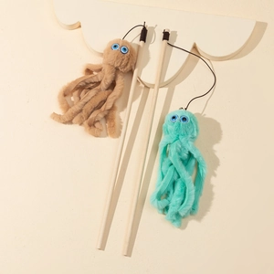 Close-up of plush octopus cat teaser toys with wooden sticks in green and brown colors