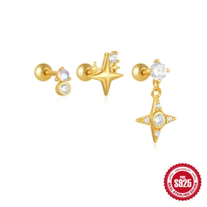 S925 sterling silver gold-plated moon and star stud earring set with zircons