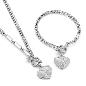 Silver steel heart pendant necklace and bracelet set with toggle clasp and kid relief
