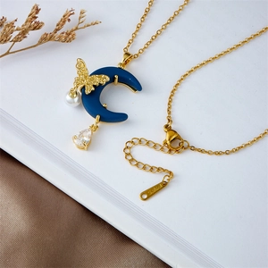 Titanium steel butterfly and blue moon pendant necklace with white pearl and teardrop zircon