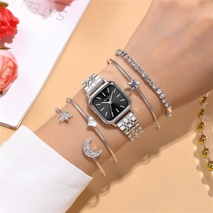 Close-up of women's silver square watch and matching rhinestone jewelry set on wrist