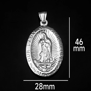 Macro detail of silver Virgin Mary oval pendant showing size 46mm by 28mm dimensions
