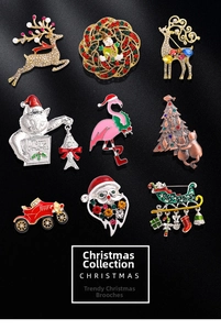 Detail of Christmas brooches set featuring rhinestone reindeer and enamel cats