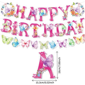 Pink glitter Happy Birthday butterfly banner set for party decorations with size measurements