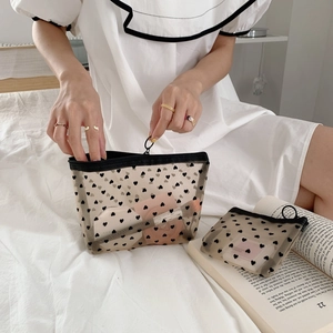 Transparent mesh makeup bags with black heart pattern set in two sizes for storage